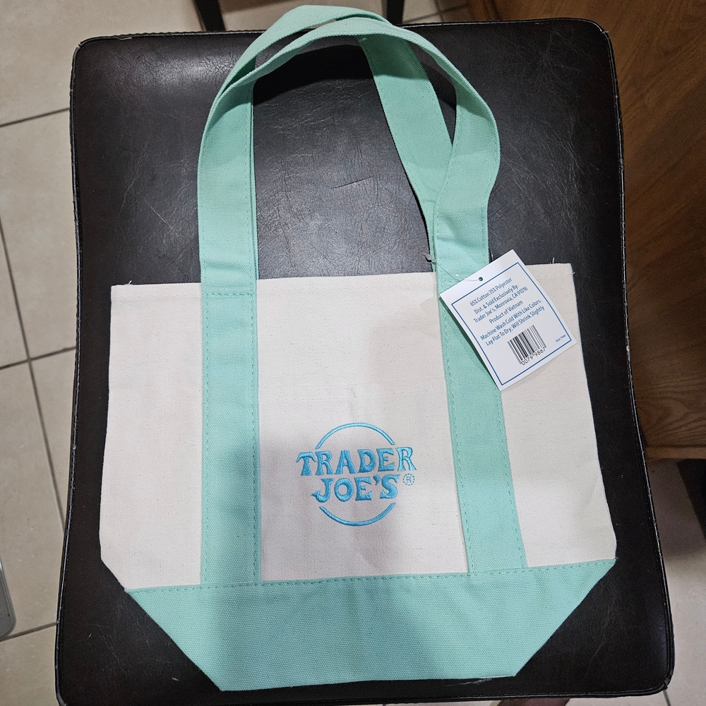 Trader Joe's Mint Green and White Tote Bag
